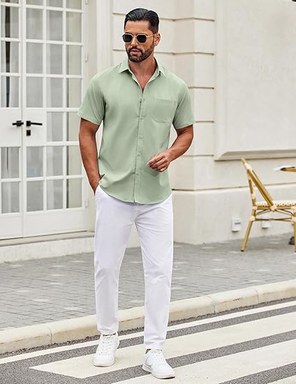 Mens Short Sleeve Casual Button Down Shirts Summer Untucked Dress Shirts with Pocket