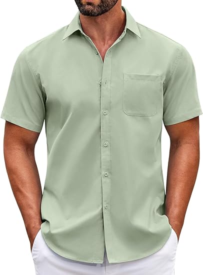 Mens Short Sleeve Casual Button Down Shirts Summer Untucked Dress Shirts with Pocket